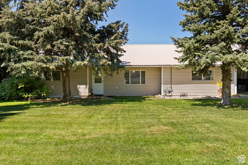Back of property with a lawn and metal roof