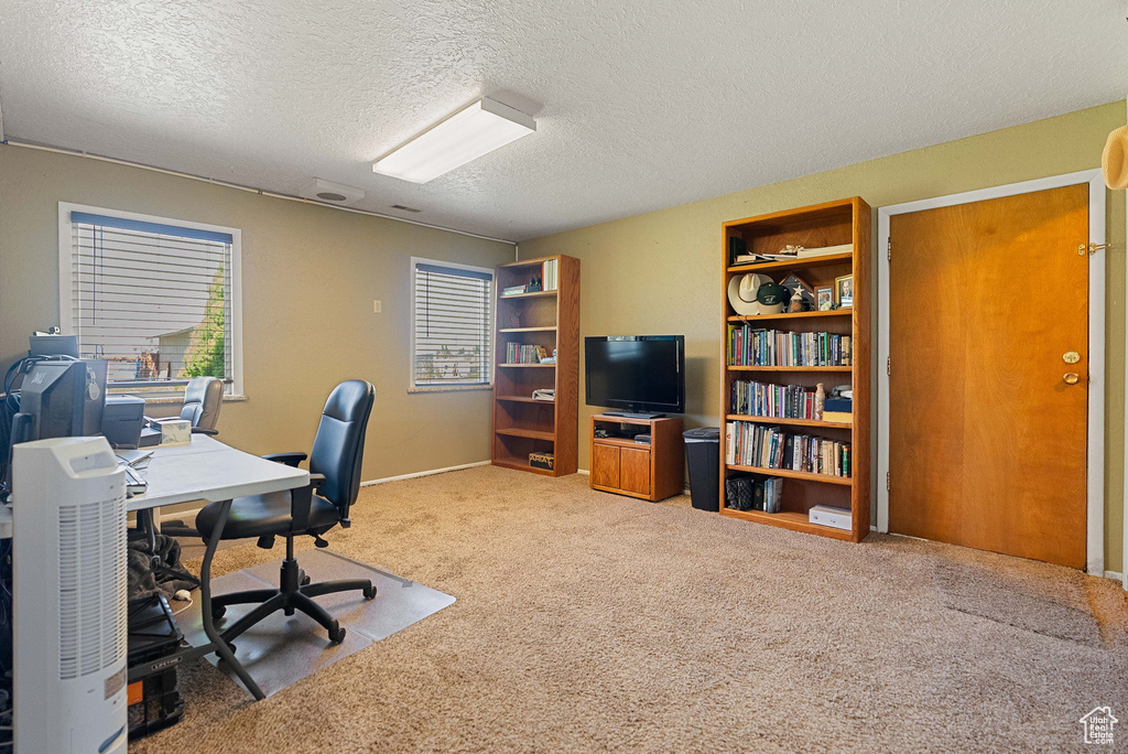 Office space with carpet, a textured ceiling, and baseboards