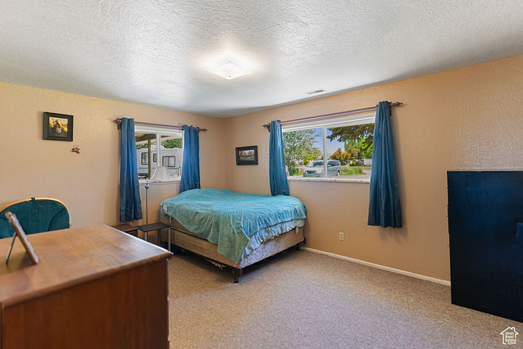 Carpeted bedroom with a textured ceiling, a textured wall, and baseboards