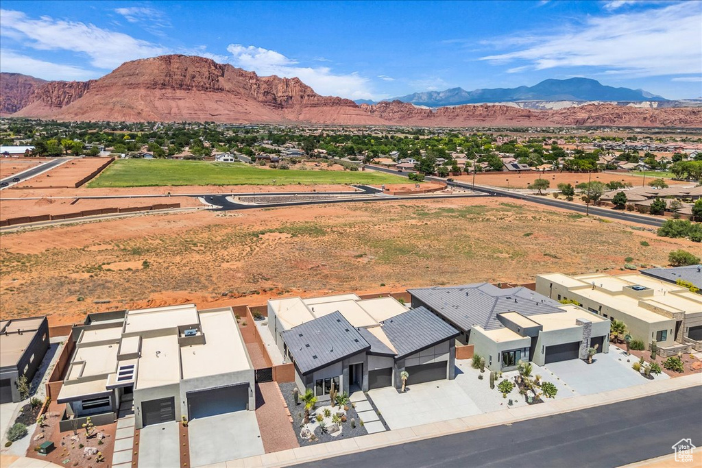 Aerial perspective of suburban area with mountains