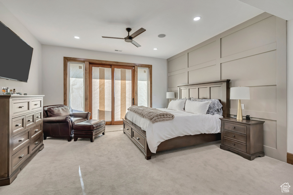 Bedroom with recessed lighting, access to outside, light carpet, and ceiling fan