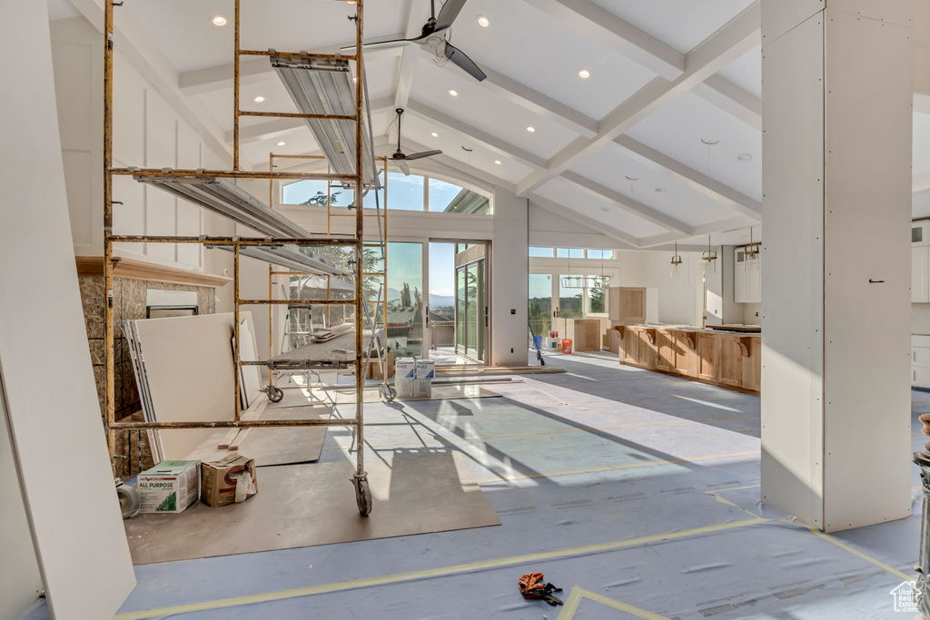 Miscellaneous room featuring beamed ceiling, high vaulted ceiling, and recessed lighting
