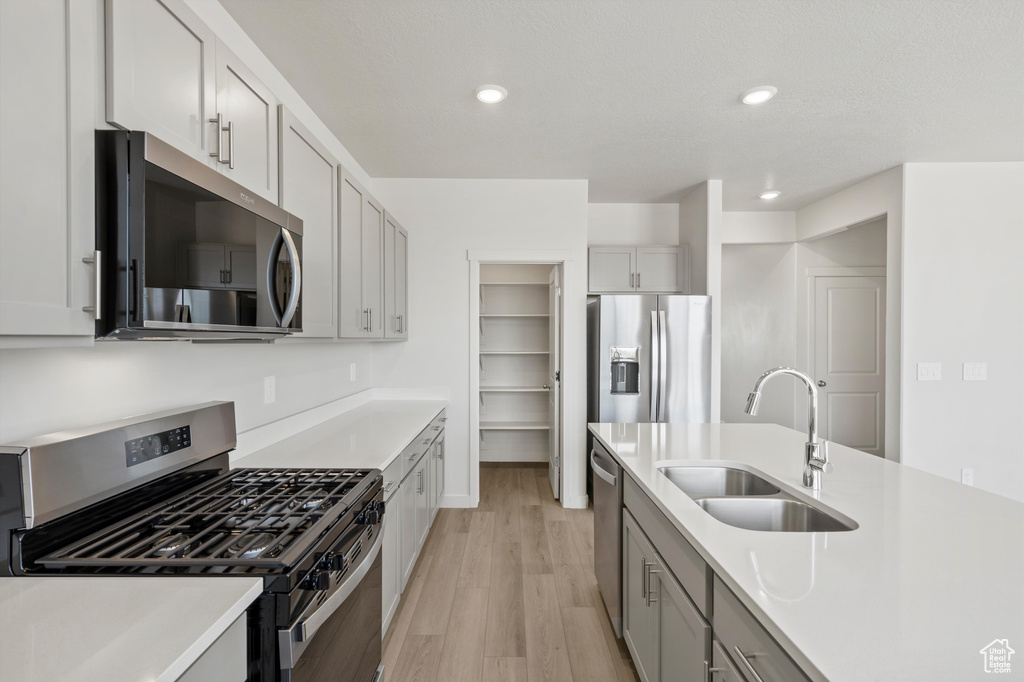Kitchen with appliances with stainless steel finishes, light countertops, light wood-type flooring, and recessed lighting