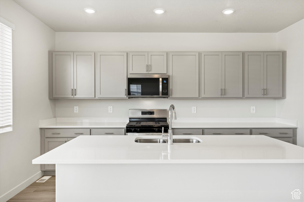 Kitchen with stainless steel appliances, gray cabinets, light countertops, light wood finished floors, and recessed lighting