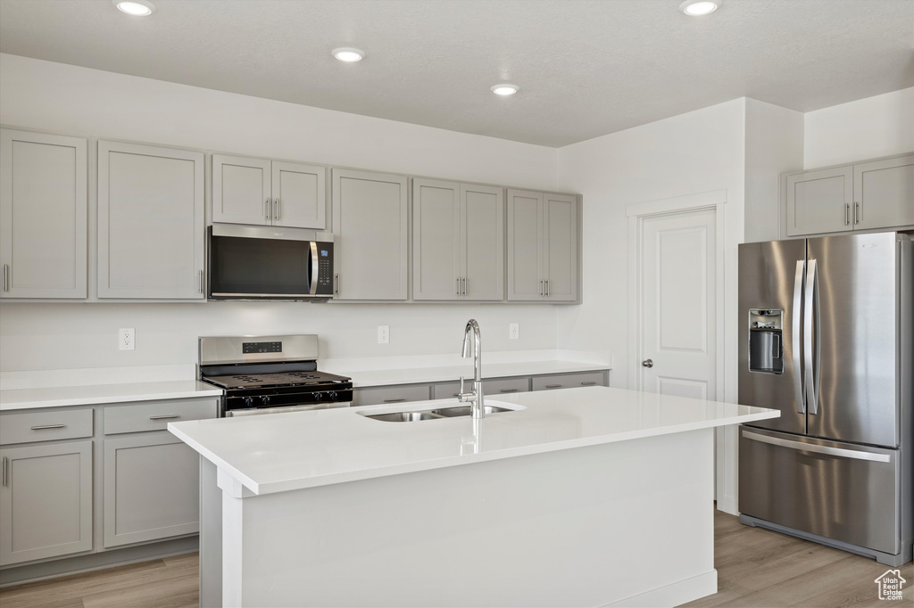 Kitchen featuring stainless steel appliances, gray cabinetry, light wood-style floors, light countertops, and a kitchen island with sink