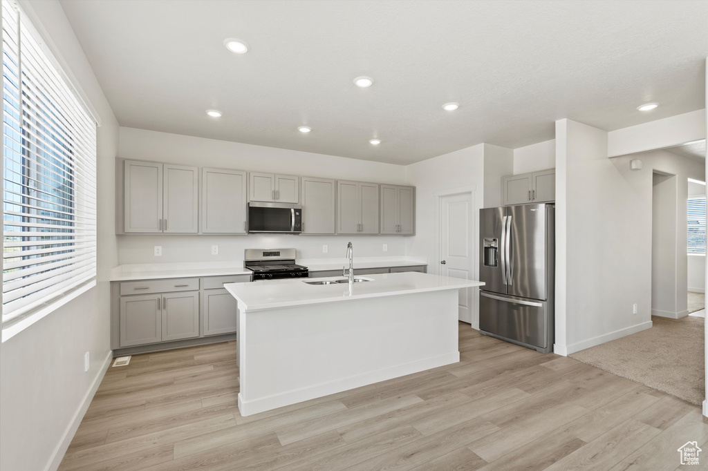 Kitchen with stainless steel appliances, gray cabinetry, light wood finished floors, an island with sink, and light countertops