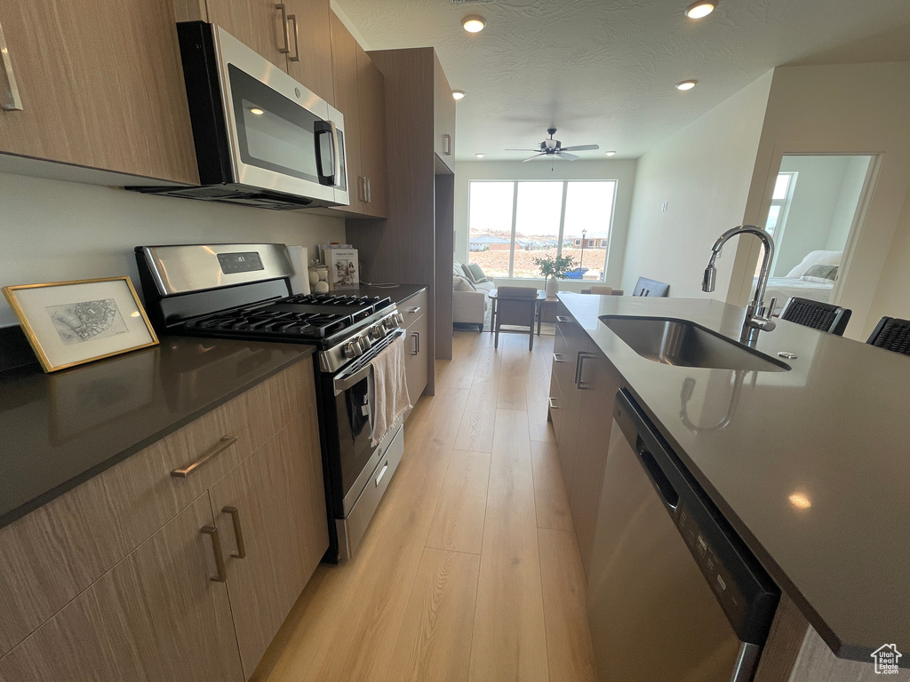 Kitchen featuring appliances with stainless steel finishes, a sink, modern cabinets, light wood finished floors, and recessed lighting
