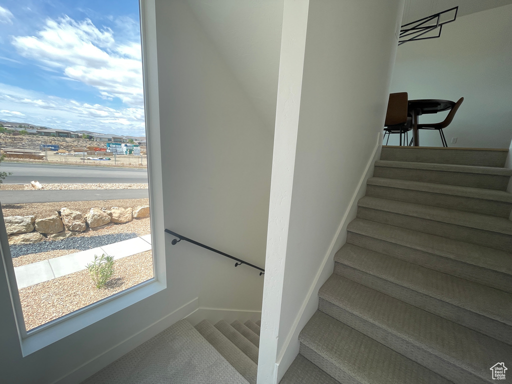 Staircase featuring baseboards and carpet floors