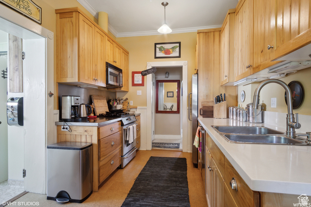 Kitchen with appliances with stainless steel finishes, a sink, and ornamental molding