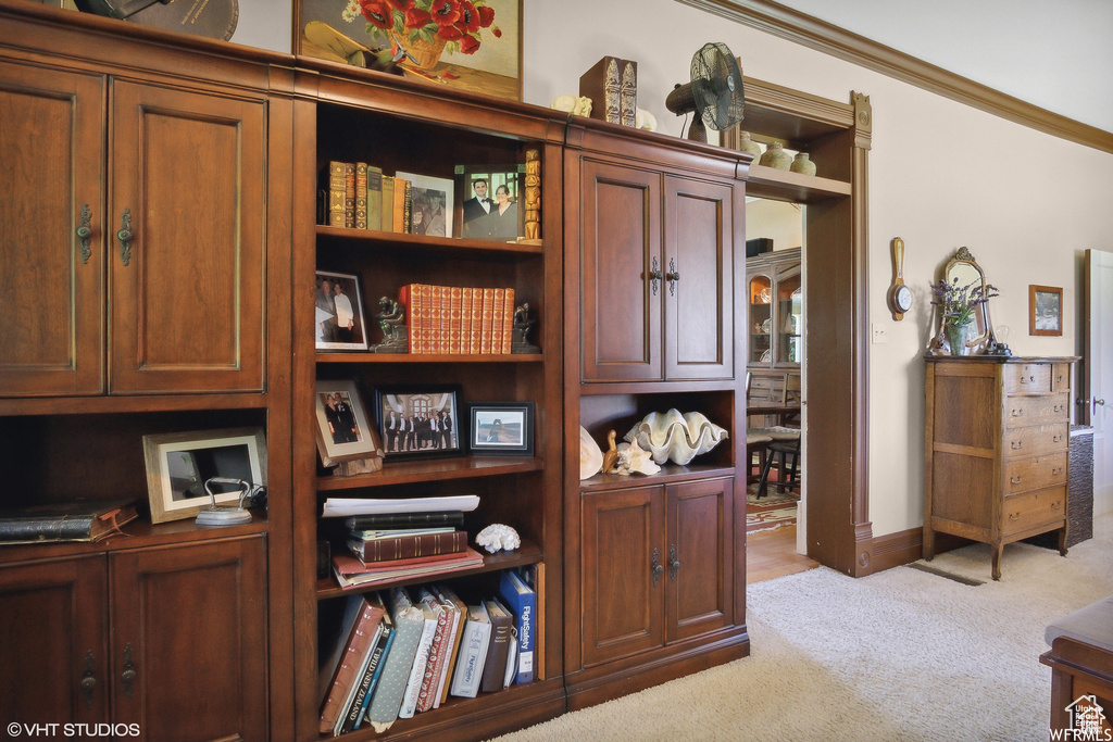 Detailed view of carpet and crown molding