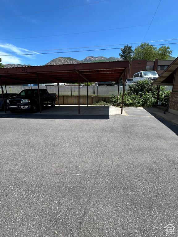 Covered parking lot with a mountain view