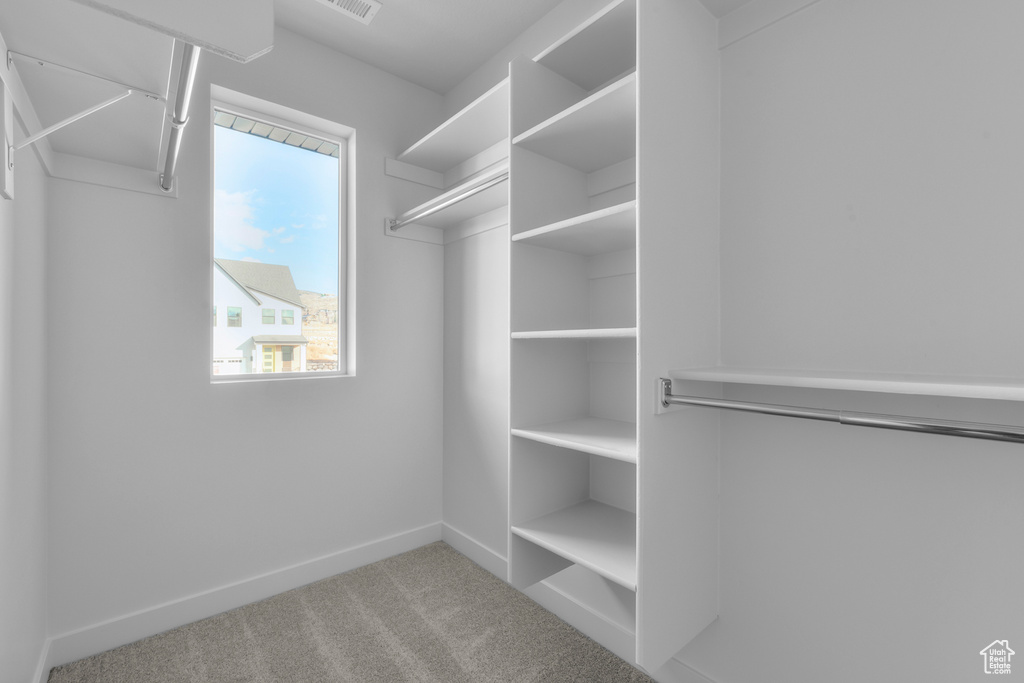 Walk in closet with carpet flooring