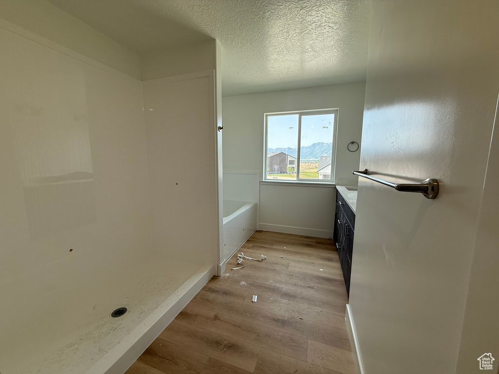 Full bath featuring wood finished floors, baseboards, vanity, a textured ceiling, and a bathtub