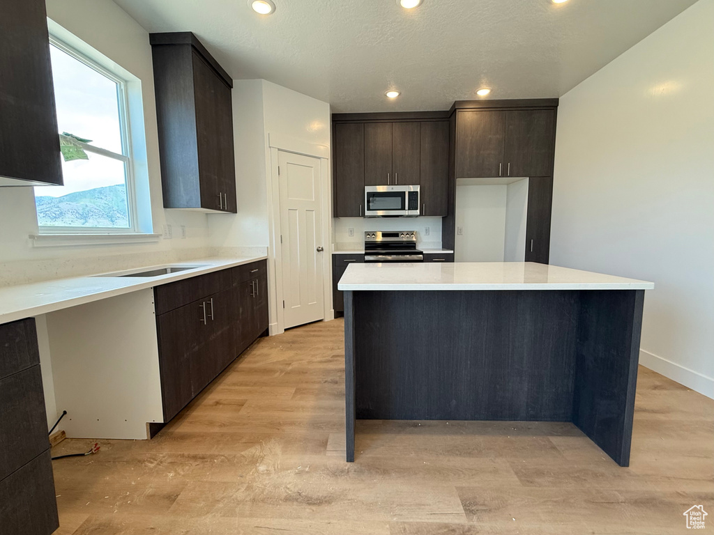 Kitchen with stainless steel appliances, light wood-style flooring, a kitchen island, dark brown cabinets, and recessed lighting