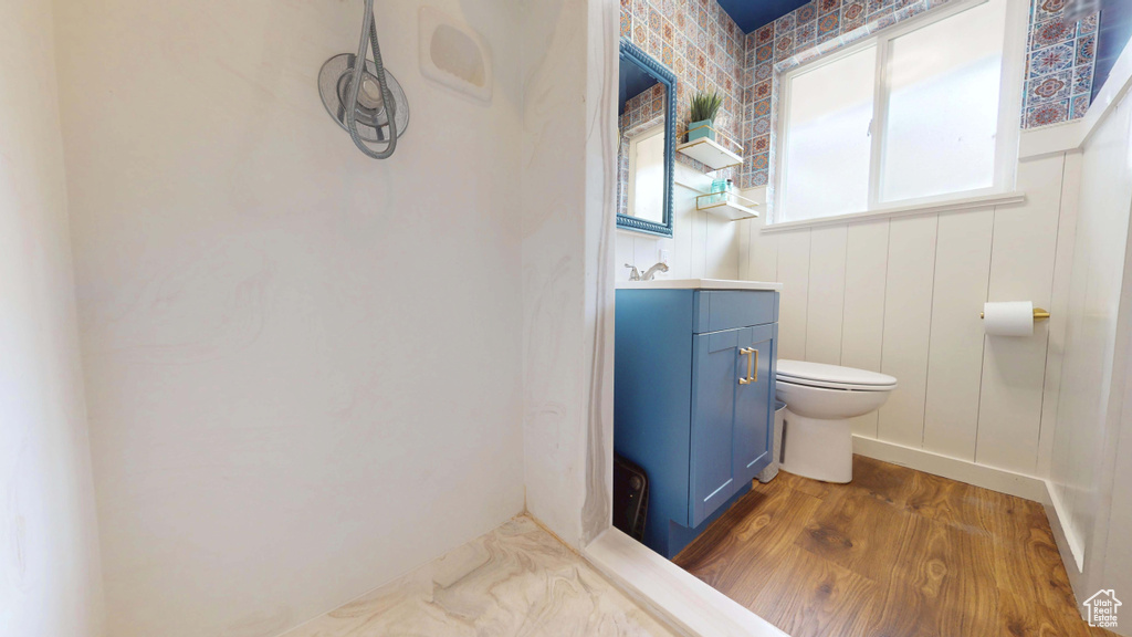 Bathroom featuring toilet, vanity, and wood finished floors