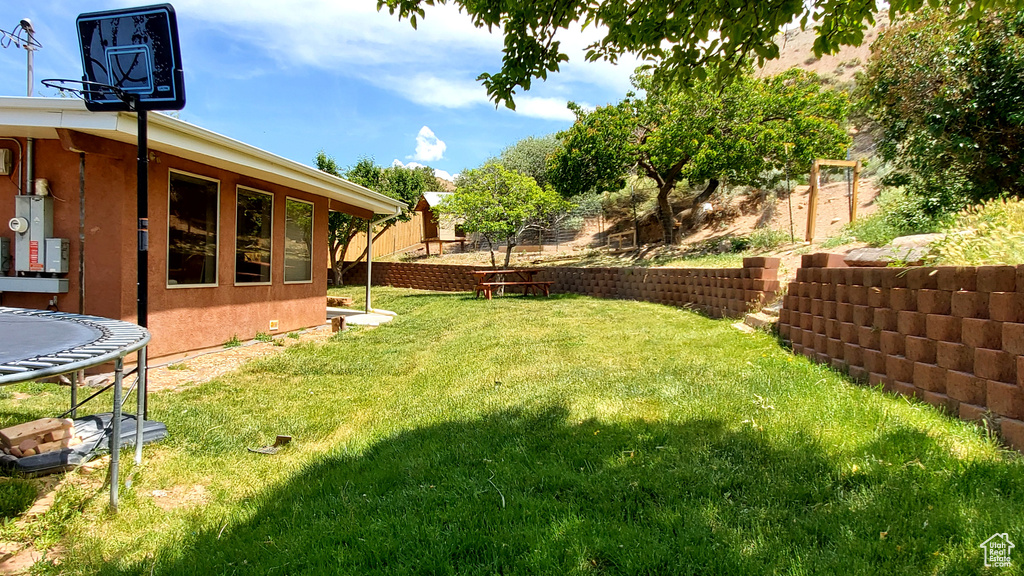 View of yard with a trampoline