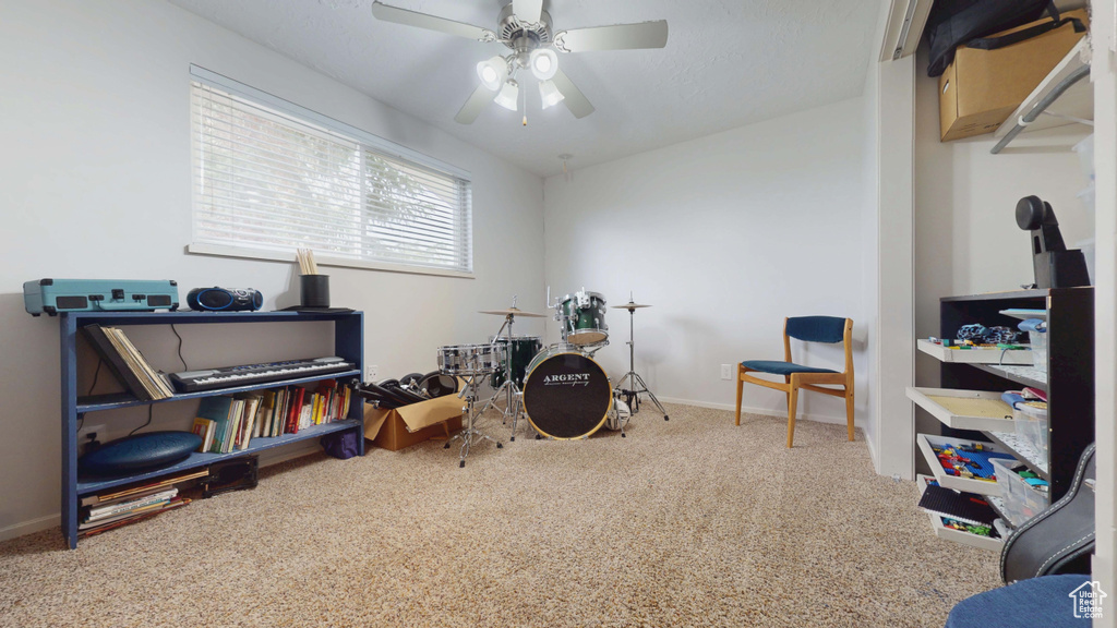 Misc room with carpet floors, a ceiling fan, and baseboards