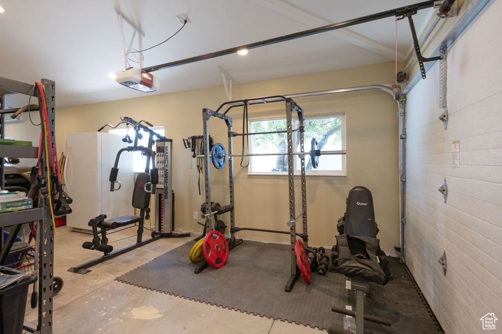 Exercise area featuring a garage