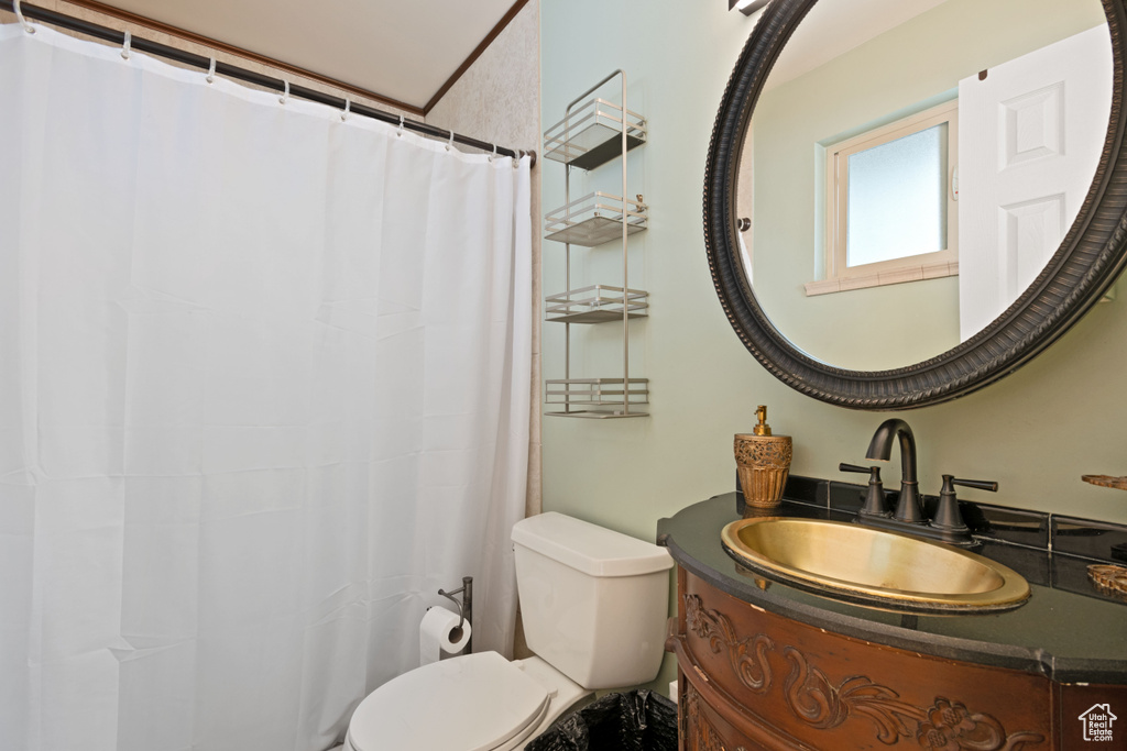 Full bath featuring toilet, vanity, and a shower with shower curtain