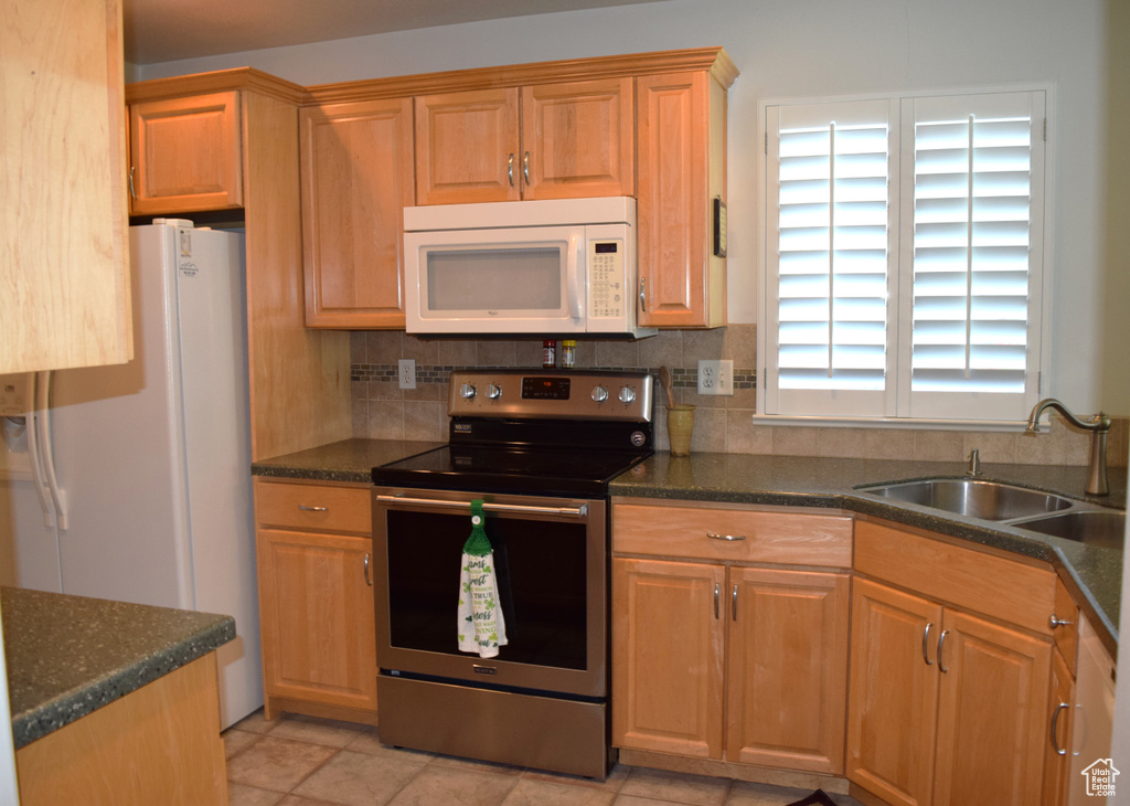 Kitchen featuring white appliances, a sink, and backsplash