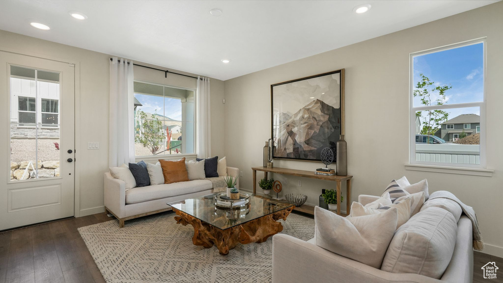 Living room featuring wood finished floors and recessed lighting