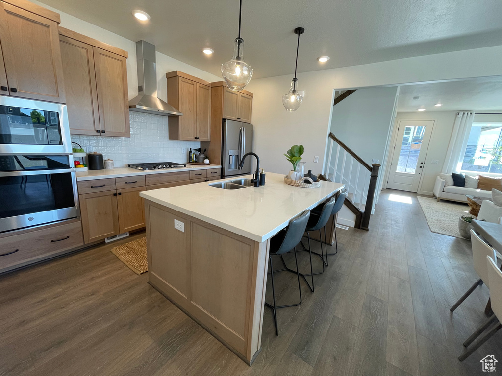 Kitchen featuring wall chimney range hood, appliances with stainless steel finishes, a sink, dark wood-style flooring, and recessed lighting