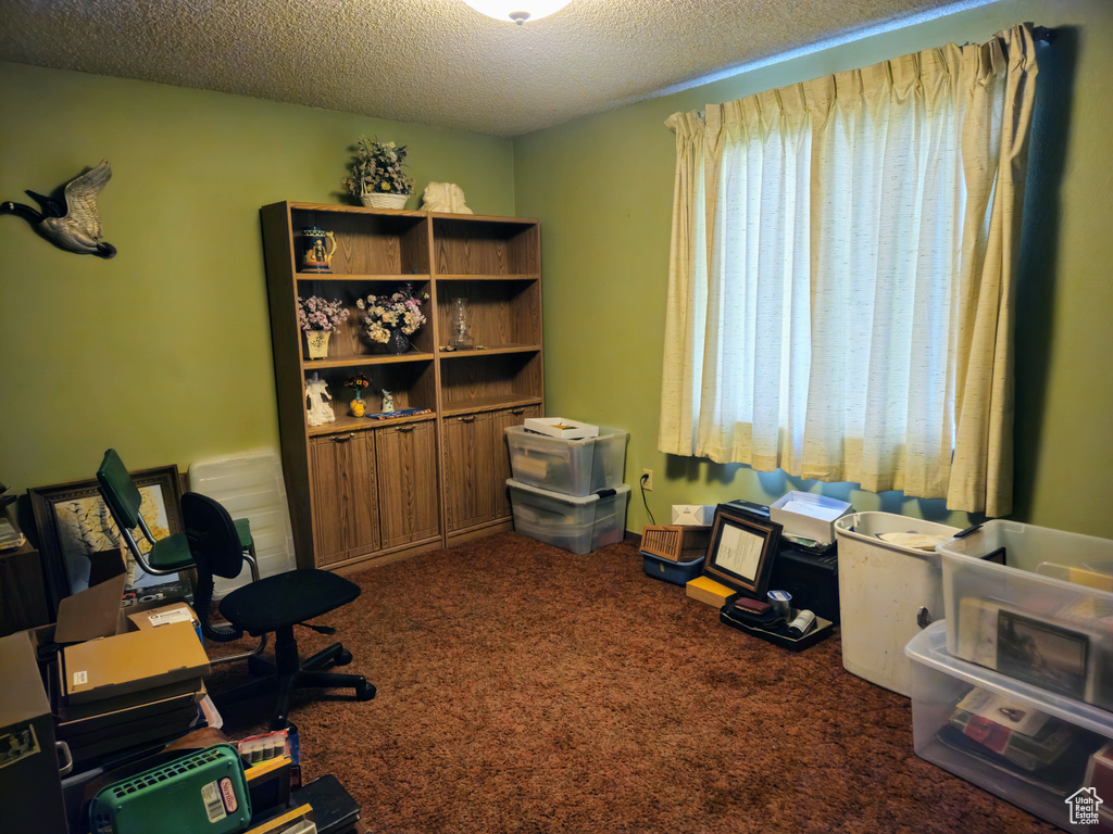 Carpeted office with a textured ceiling