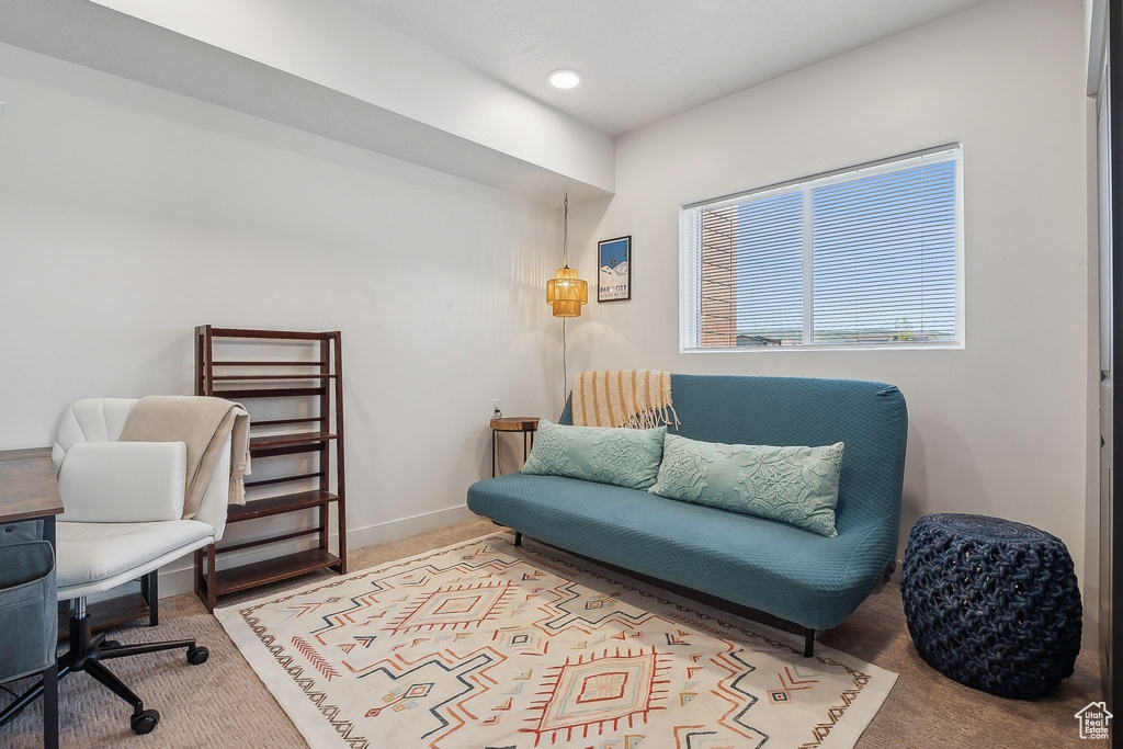 Office with light colored carpet