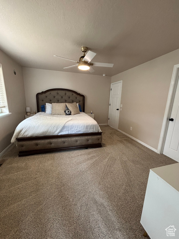 Carpeted bedroom featuring baseboards, ceiling fan, a skylight, and a textured ceiling