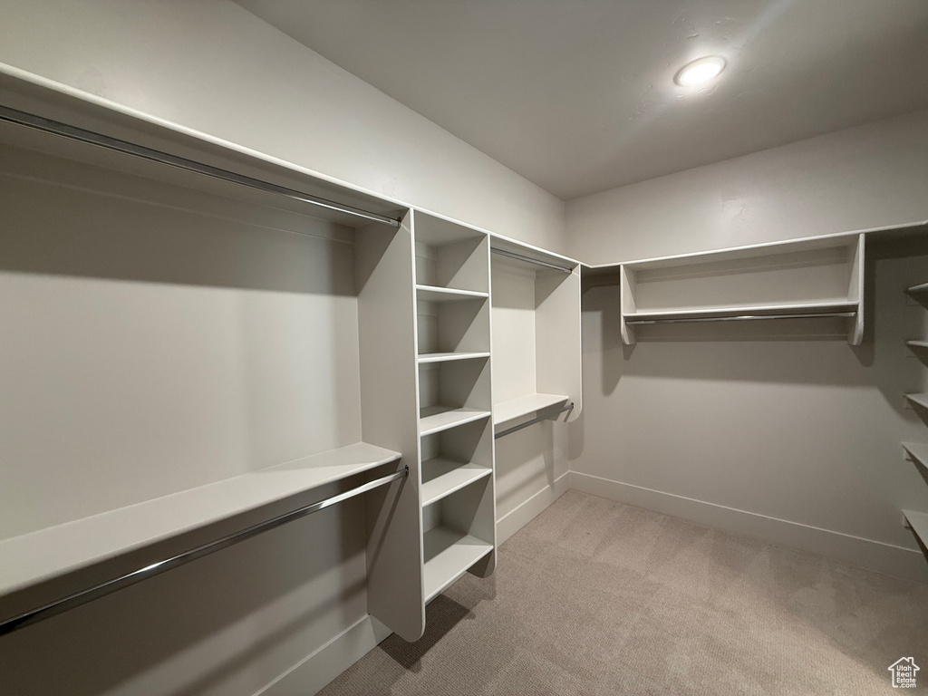 Spacious closet with light carpet