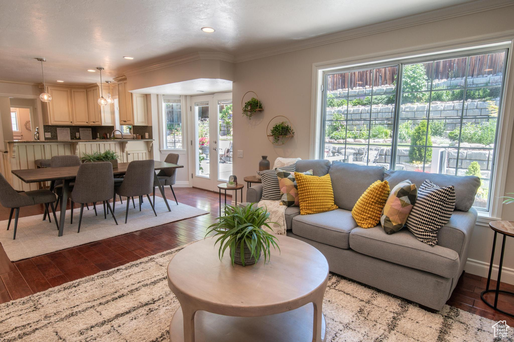 Living area with healthy amount of natural light, dark wood-type flooring, ornamental molding, baseboards, and recessed lighting