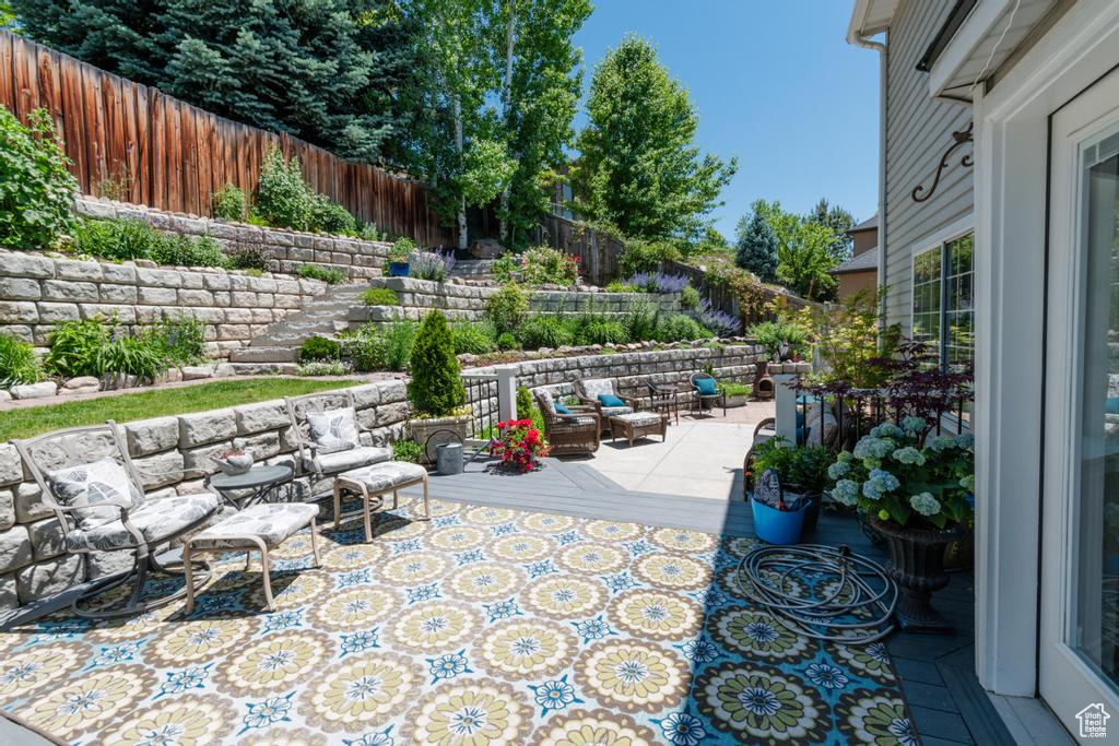 Fenced backyard with outdoor lounge area and a patio