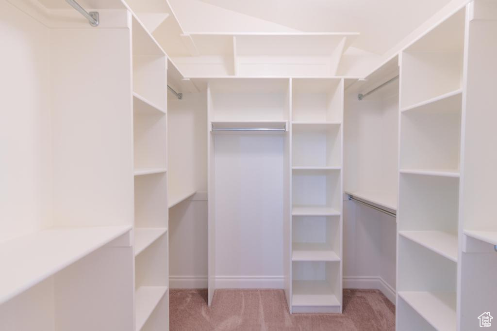 Walk in closet with light colored carpet