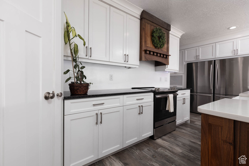Kitchen with stainless steel appliances, a textured ceiling, dark wood-style flooring, white cabinets, and recessed lighting