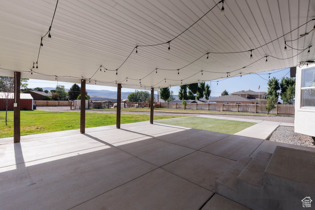 View of patio with a mountain view