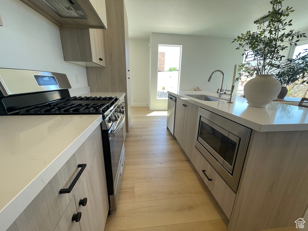 Kitchen with appliances with stainless steel finishes, light brown cabinetry, modern cabinets, ventilation hood, and light countertops