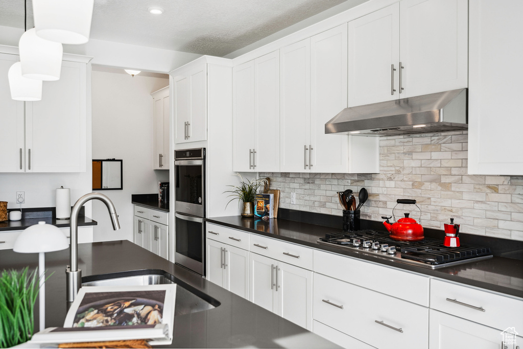 Kitchen with under cabinet range hood, stainless steel appliances, dark countertops, and white cabinets