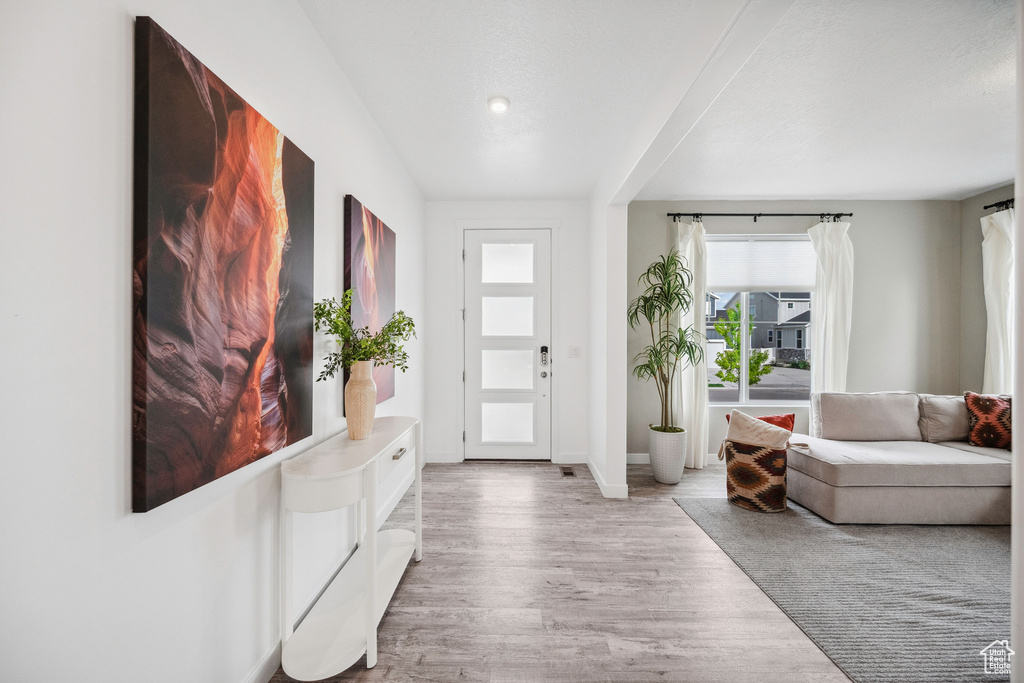Entrance foyer featuring wood finished floors and baseboards