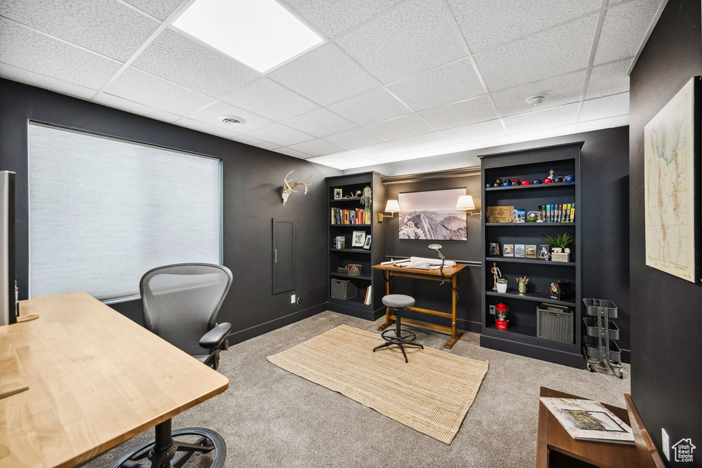 Office space with carpet and a paneled ceiling