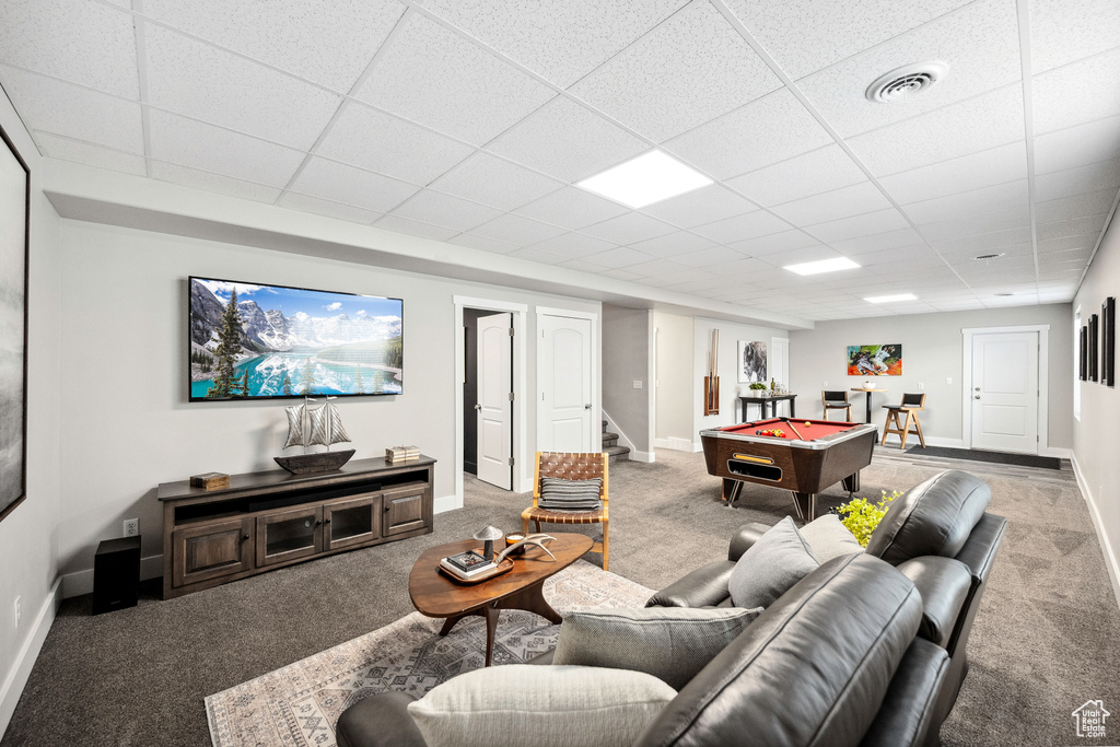 Game room with carpet, billiards, a paneled ceiling, and baseboards