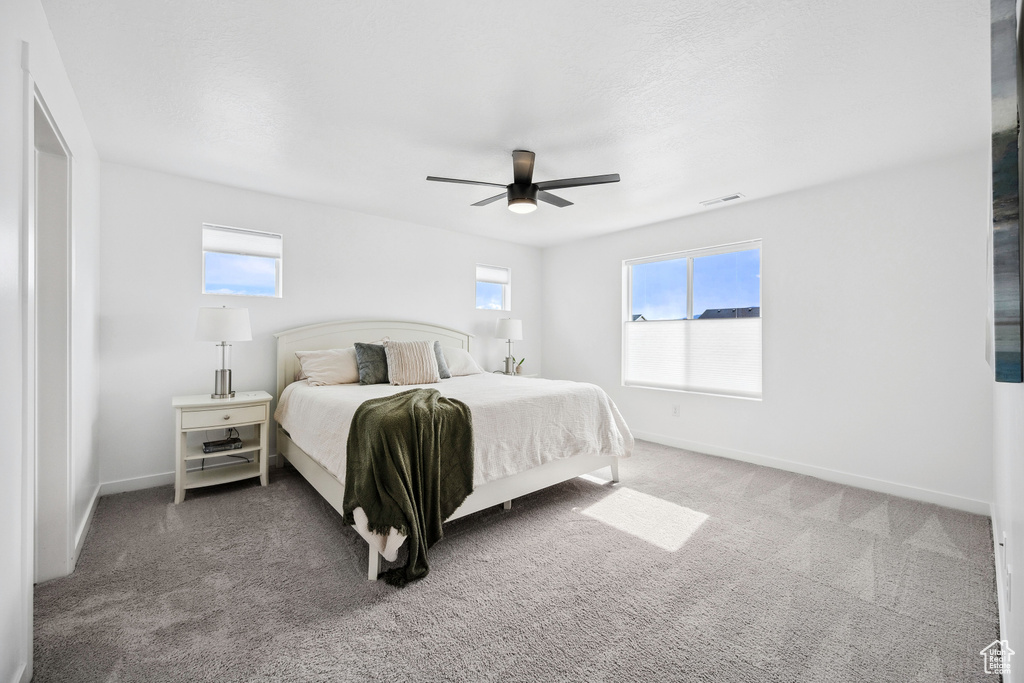Carpeted bedroom with multiple windows, baseboards, and a ceiling fan