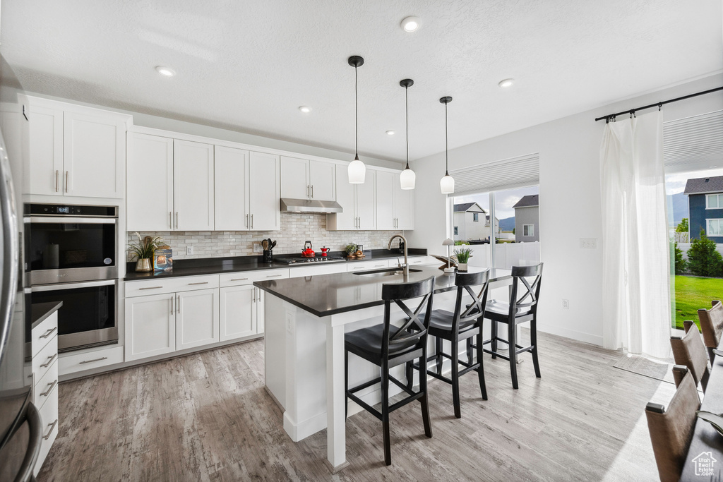 Kitchen featuring a sink, under cabinet range hood, healthy amount of natural light, dark countertops, and recessed lighting
