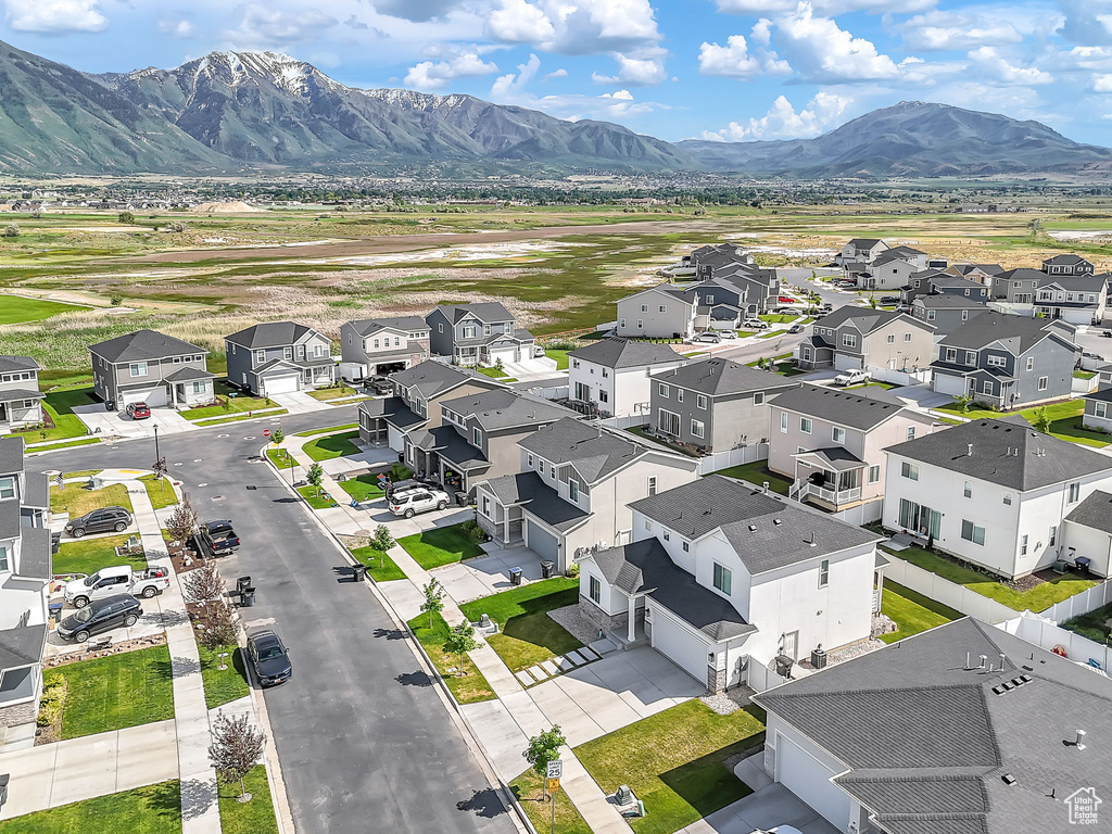 Aerial view of residential area with mountains
