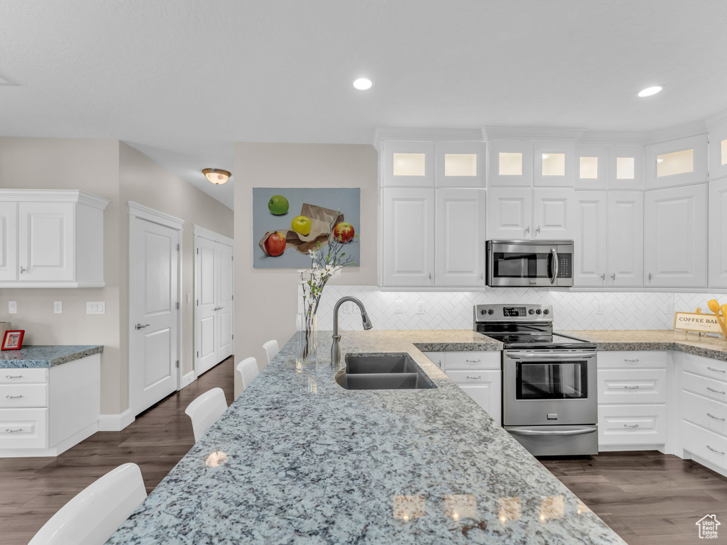 Kitchen featuring stainless steel appliances, a sink, light stone countertops, glass insert cabinets, and recessed lighting