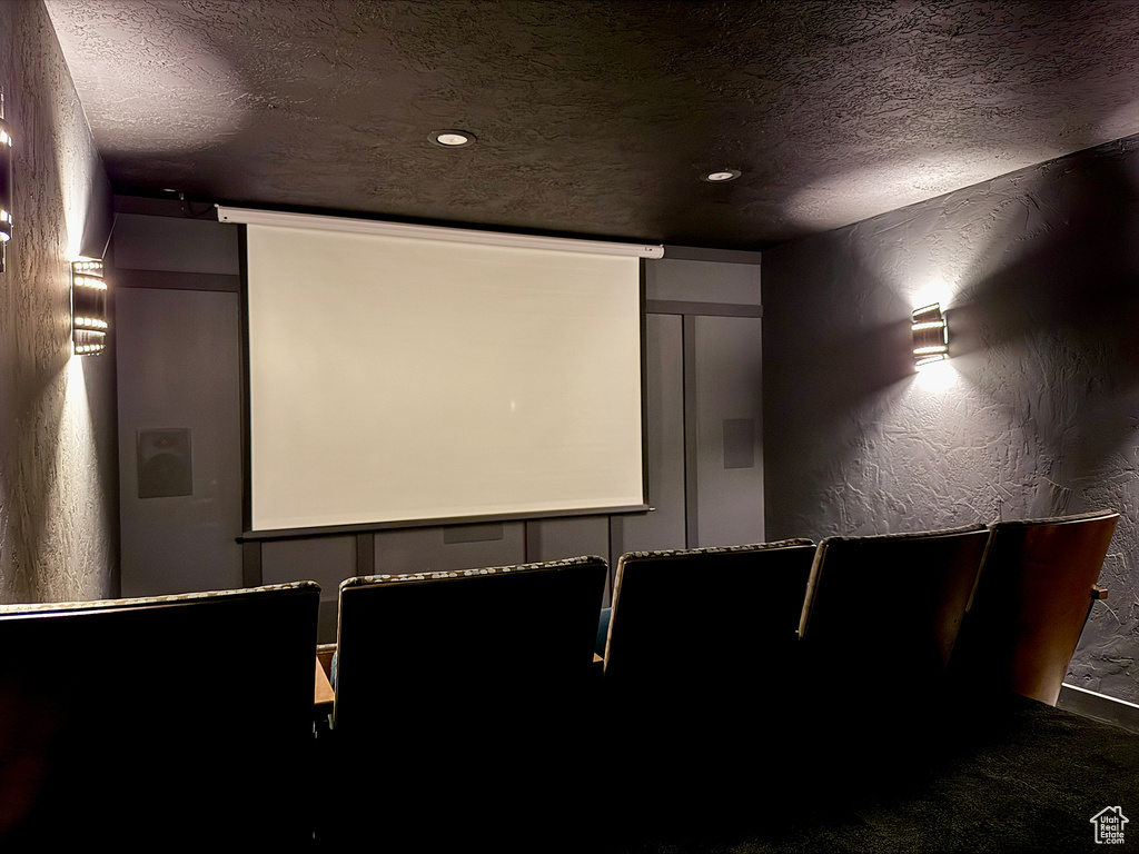 Cinema room with a textured ceiling, a textured wall, and carpet