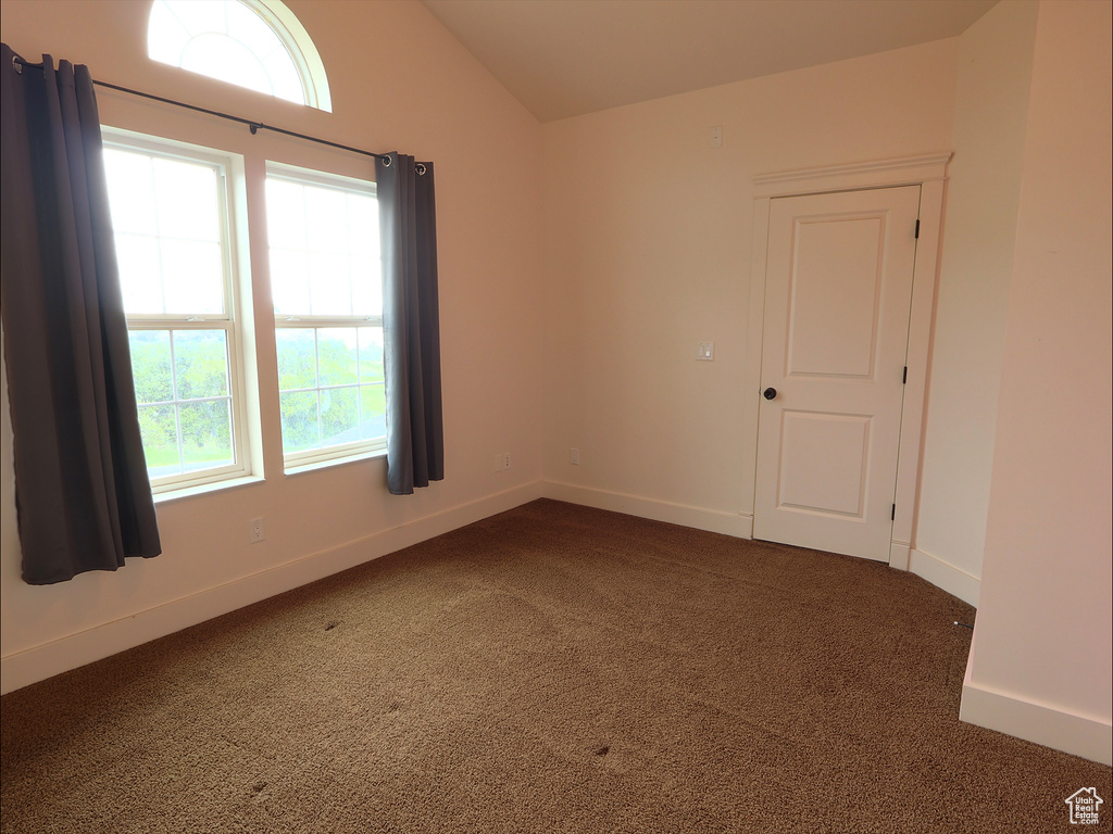 Empty room featuring vaulted ceiling, carpet, healthy amount of natural light, and baseboards