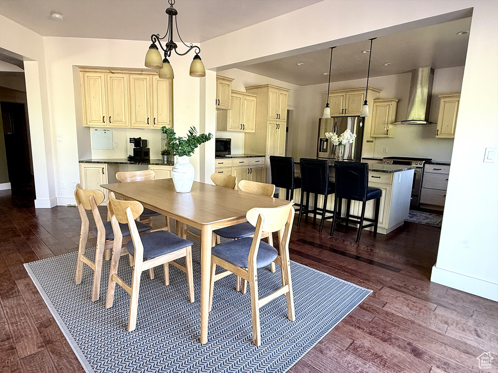 Dining room featuring dark wood-style floors and recessed lighting