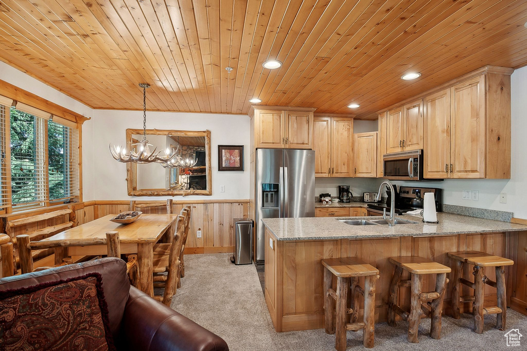 Kitchen featuring stainless steel appliances, wooden ceiling, a wainscoted wall, a peninsula, and a sink