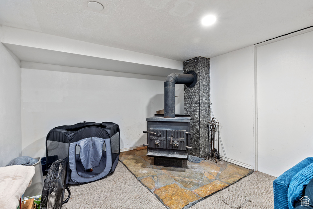 Detailed view of a wood stove and carpet flooring
