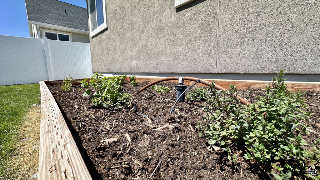 Exterior view of a garden and stucco siding